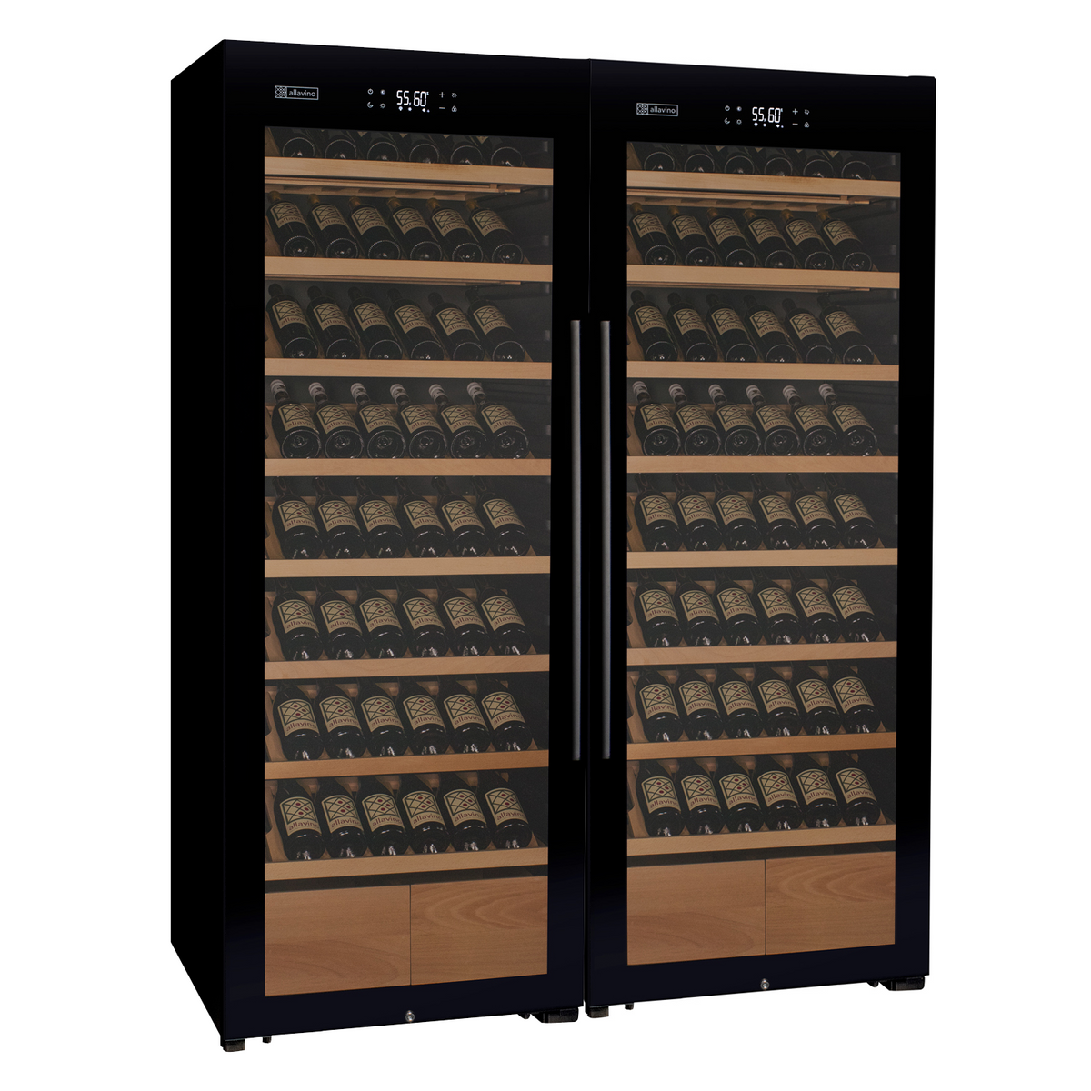 Allavino BF 2X-KWR248S-1BG 496 Bottle Dual Zone Black Glass Side-by-Side Wine Refrigerator with Display Shelving