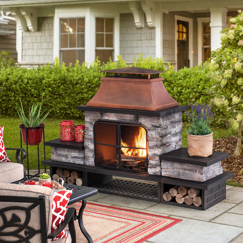 Sunjoy Quillen Outdoor Wood-Burning Fireplace with Steel Chimney, Mesh Spark Screen Doors & Fire Poker