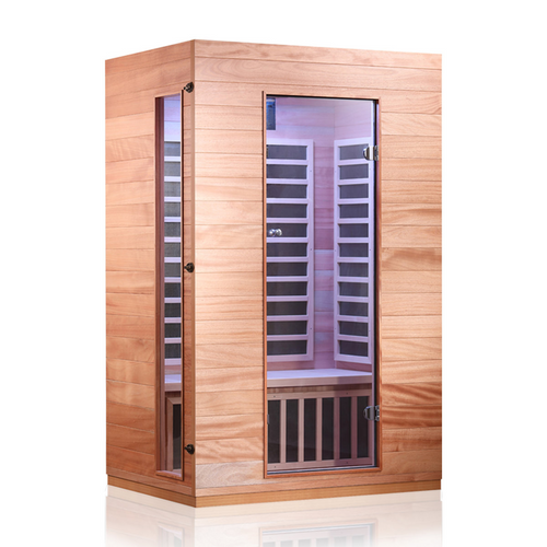 Hongyuan 2-Person Low-EMF FAR Infrared Sauna in Hemlock & Okoume Wood with 6 Carbon Heaters, Bluetooth & Chromotherapy Lighting