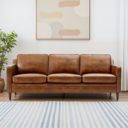Ashtabula Genuine Leather Square Arm Sofa – Modern 3-Seat Leather Couch