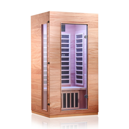 Hongyuan 1-Person Low-EMF FAR Infrared Sauna with Bluetooth & Chromotherapy — Okoume & Hemlock Wood Indoor Cabin