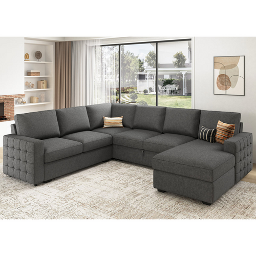 Chasidi Sectional Sleeper Sofa Bed with Storage - U-Shaped Convertible Couch with Pull Out Bed & Chaise